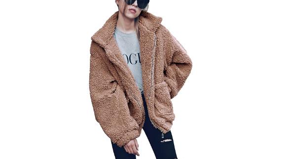 PrettyGarden Long Sleeve Zip Up Faux Shearling Coat