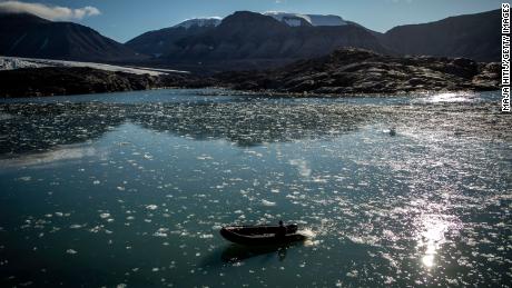 Ice melts near Nordenskjodbreen glacier on the Norwegian Arctic Svalbard archipelago in August.