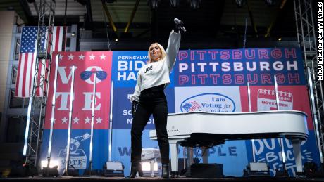 Lady Gaga performs in support of Democratic presidential candidate Joe Biden during a drive-thru campaign rally at Heinz Field on November 2, 2020 in Pittsburgh, Pennsylvania.