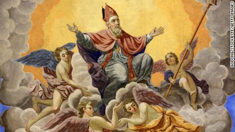 St. Nicholas depicted ascending to heaven. His red bishop&#39;s miter and robe, along with his dedication to children, inspired the story of Santa Claus.