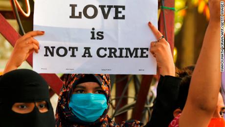A protester during a demonstration in opposition to proposed laws against &quot;Love Jihad,&quot; in Bangalore on December 1, 2020.