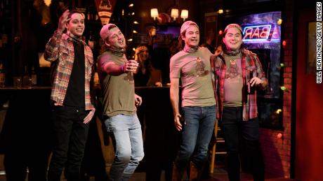 From left, Pete Davidson, musical guest Morgan Wallen, host Jason Bateman as future Morgan and Bowen Yang as future Morgan appear in a &quot;Saturday Night Live&quot; skit on December 5, 2020.