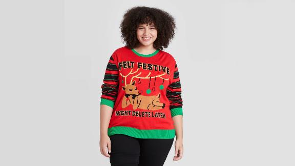 Mighty Fine Striped Reindeer Felt Festive Might Delete Later Holiday Pullover Sweater