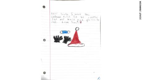 Scout Swanson, 7, of Atlanta, wrote a sample letter that kids can write Santa if they test positive so that he&#39;ll know to take precautions in their homes on Christmas Eve.