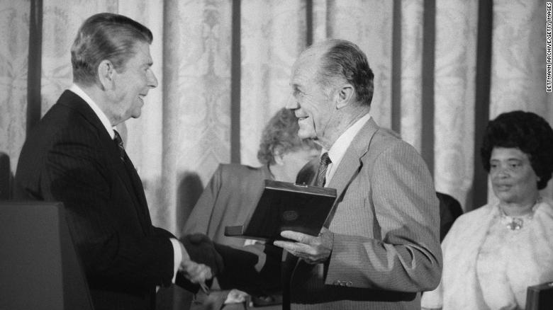 President Ronald Reagan presents the Presidential Medal of Freedom, the nation&#39;s highest civilian award, to Chuck Yeager at a White House luncheon in 1985.