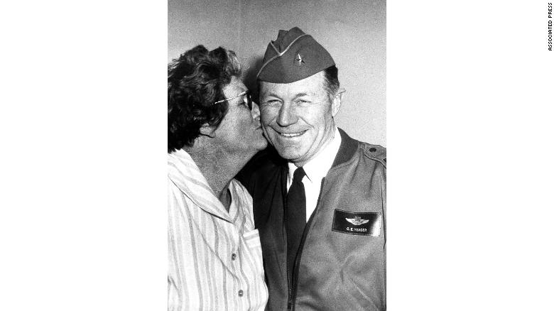 Susie Yeager plants a kiss on the cheek of her supersonic son, Brig. Gen. Chuck Yeager in1973.