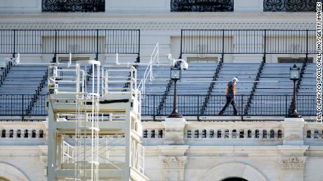 Construction workers continue building the inaugural platform on the West Front of the U.S. Capitol. 