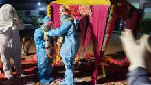 The bride and groom exchange garlands in Baran, Rajasthan, India.