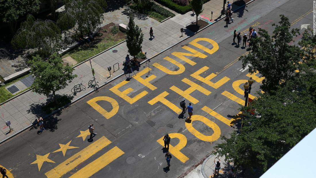 &quot;Defund The Police&quot; was painted on 16th Street near the White House on June 8, 2020, in Washington. 
