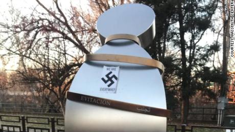 The stickers placed on the Anne Frank Memorial had swastikas with the words, &quot;We are everywhere.&quot;