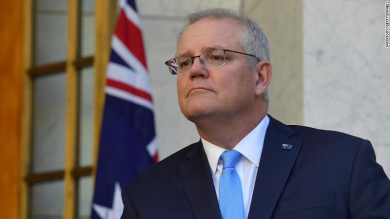 Prime Minister Scott Morrison reacts during a press conference in the Prime Minister&#39;s courtyard on December 11 in Canberra, Australia.