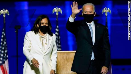 WILMINGTON, DELAWARE - NOVEMBER 07:  President-elect Joe Biden and Vice President-elect Kamala Harris take the stage at the Chase Center to address the nation November 07, 2020 in Wilmington, Delaware. After four days of counting the high volume of mail-in ballots in key battleground states due to the coronavirus pandemic, the race was called for Biden after a contentious election battle against incumbent Republican President Donald Trump. (Photo by Andrew Harnik-Pool/Getty Images)