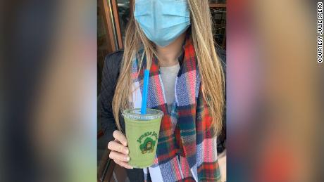 Julie Spero models a mask while holding a smoothie. New Jersey&#39;s PSA campaign wasn&#39;t limited to influencers but included Instagram food blogs like Spero&#39;s which is known as Hoboken Hungry.