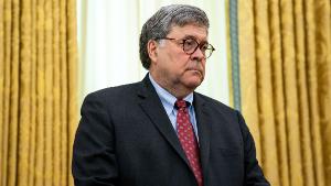 WASHINGTON, DC - JULY 15: U.S. Attorney General William Barr listens as President Donald Trump addresses reporters in the Oval Office of the White House after receiving a briefing from law enforcement on &quot;Keeping American Communities Safe: The Takedown of Key MS-13 Criminal Leaders&quot; on July 15th 2020 in Washington DC. (Photo by Anna Moneymaker-Pool/Getty Images)