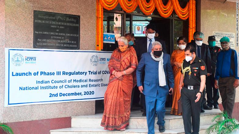Governor of the eastern Indian state of West Bengal Jagdeep Dhankhar (center) at the launch of the third phase of the regulatory trial of COVAXIN in December 2020.