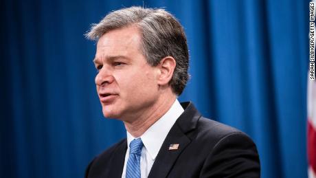 FBI Director Christopher Wray speaks during a virtual news conference at the Department of Justice on October 28, 2020 in Washington, DC. 