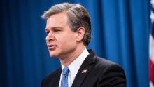 FBI Director Christopher Wray speaks during a virtual news conference at the Department of Justice on October 28, 2020 in Washington, DC. 