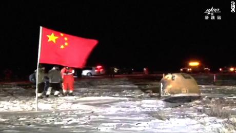 This image shows the Chang'e-5 return capsule sample after returning and landing in Siziwang Banner, north of China's Inner Mongolia Autonomous Region.