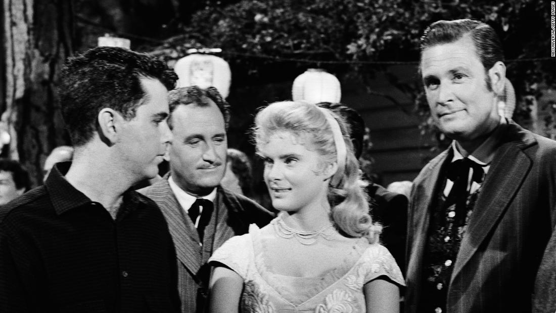 Barker, right, appears on a 1960 episode of &quot;Bonanza&quot; along with actors Jim Galante, Ken Mayer and Natalie Trundy.