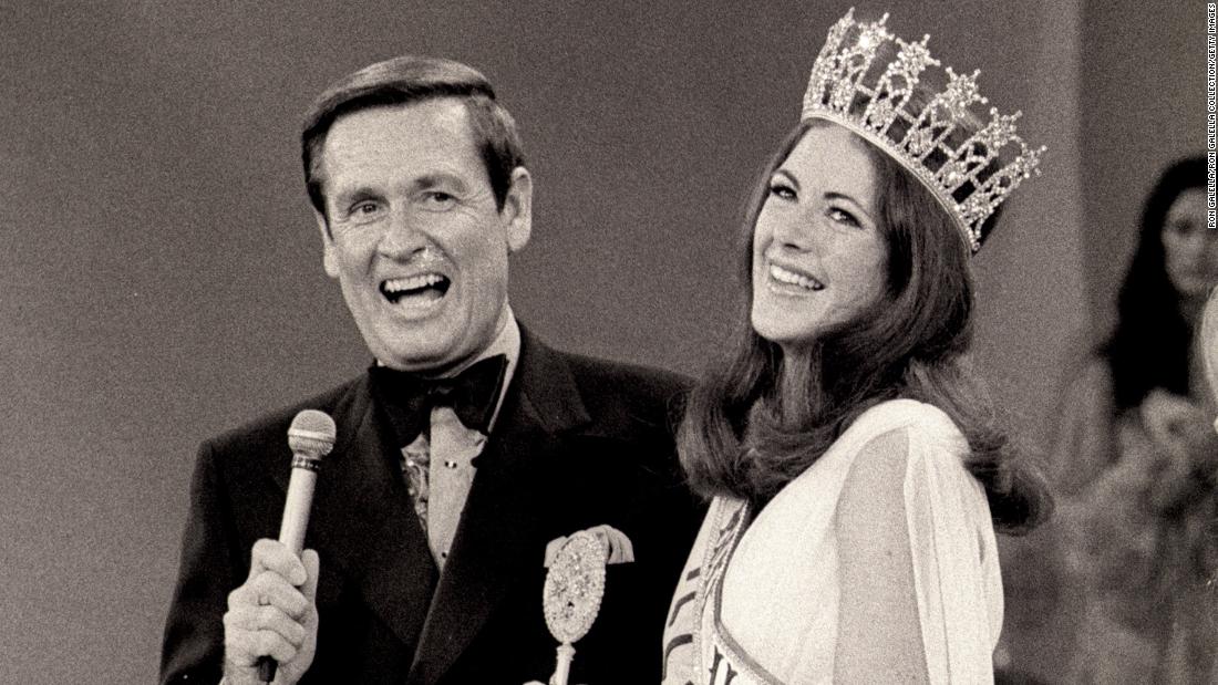 Barker and Amanda Jones, who was Miss Illinois, are seen after Jones won the 1973 Miss USA Pageant. Barker hosted the Miss USA and Miss Universe pageants from 1966 to 1987. He resigned after pageant officials refused to stop giving fur coats as awards.