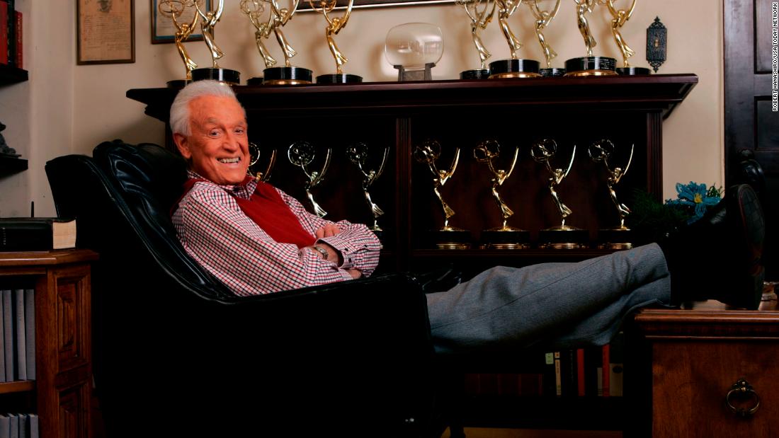 Barker relaxes next to his Emmy Awards in 2007. He also received a lifetime achievement Emmy in 1999.