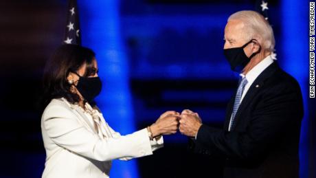 President-elect Joe Biden and Vice President-elect Kamala Harris greet each other on stage in Wilmington, Delaware, where they delivered their victory speeches on November 7.