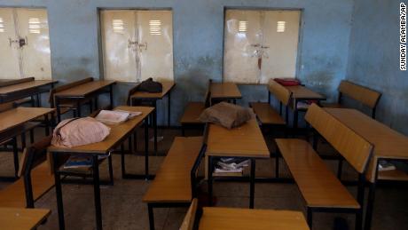 School bags of the kidnapped students are seen inside their classroom in Kankara, Nigeria on Wednesday, December 16, 2020.