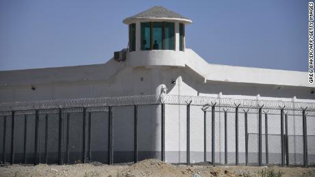 A watchtower in a high-security facility near what is believed to be a re-education camp where mostly Muslim ethnic minorities are detained in 2019 on the outskirts of Hotan, Xinjiang.