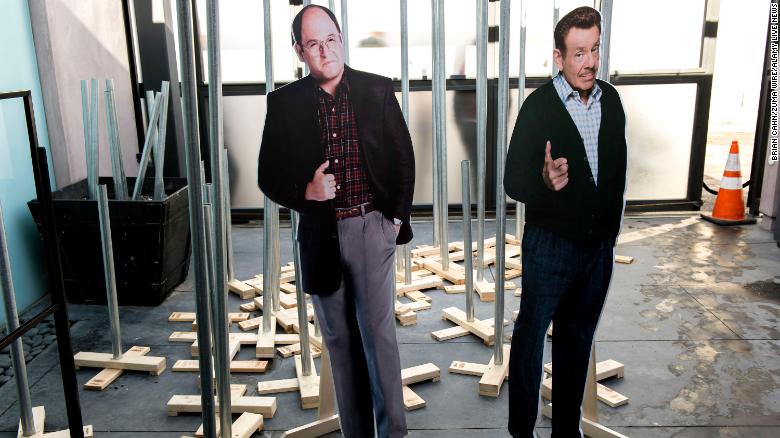 Cutouts of actors Jason Alexander (left) and the late Jerry Stiller are shown with Festivus poles that were to be given out to fans in line for Hulu&#39;s &#39;&#39;Seinfeld: The Apartment,&#39;&#39; a pop-up installation in West Hollywood, California, December 20, 2015. 