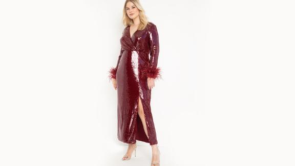 Eloquii Long Sequin Wrap Dress with Feather Cuff