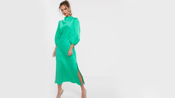 Asos Design Cowl Neck Satin Tea Midi Dress With Puff Sleeve