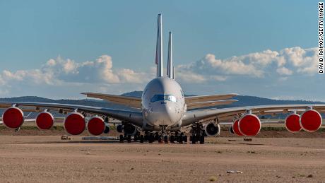 TERUEL, SPAIN - MAY 18: Airbus A380 passenger aircraft operated by Air France stand parked in a storage facility operated by TARMAC Aerosave at Teruel Airport on May 18, 2020 in Teruel, Spain. The airport, which is used for aircraft maintenance and storage, has received increased demand as the Covid-19 pandemic forces the world&#39;s major carriers to ground planes. (Photo by David Ramos/Getty Images)