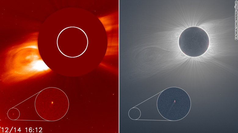 Ortak Avrupa Uzay Ajansı ve NASA Güneş ve Helikopter Gözlemevi'ndeki kamera (solda) sol altta yeni keşfedilen kuyruklu yıldızı gösteriyor. Birleşik bir görüntü (sağda) 14 Aralık'taki toplam güneş tutulmasını gösteriyor. 