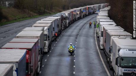 Truck are stacked along the M20 motorway as the border to France is closed on Dec. 22 in Sellindge, United Kingdom. 