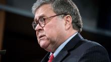 Attorney General William Barr participates in a press conference at the Department of Justice along with DOJ officials on February 10, 2020 in Washington, DC. 