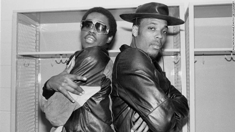 Portrait of members of the American Hip-hop group Whodini, Jalil Hutchins (left) and John Fletcher (aka Ecstasy) as they pose backstage at the UIC Pavilion, Chicago on October 20, 1984.