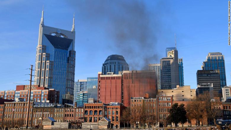 Smoke rises from downtown Nashville after an explosion.