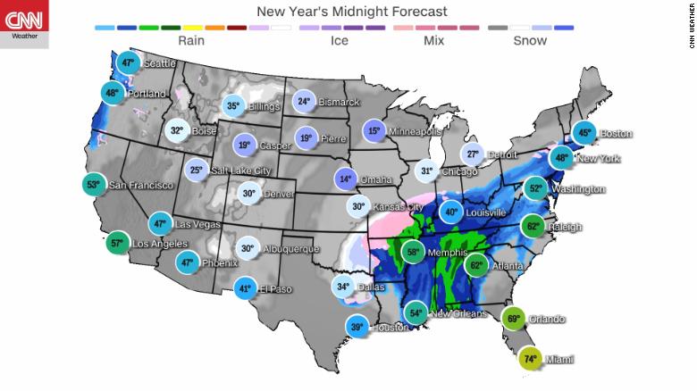 New Year’s Eve will be snowy in Central US while rain is forecast on Eastern Seaboard