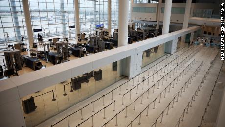 Empty TSA security lines are seen at Louis Armstrong International Airport in New Orleans, Louisiana. Air travel is down an estimated 94 percent due to the coronavirus  pandemic   