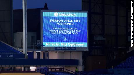 A big screen graphic announcing the fixture being called off before the Premier League match between Everton and Manchester City.