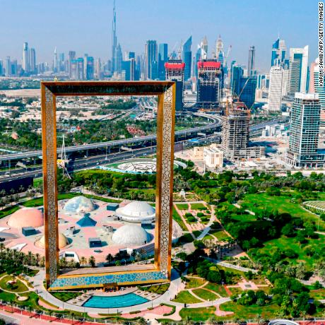 This picture taken on July 8, 2020 shows an aerial view of the Dubai Frame landmark in the Gulf emirate of Dubai, during a government-organised helicopter tour. (Photo by KARIM SAHIB / AFP) (Photo by KARIM SAHIB/AFP via Getty Images)