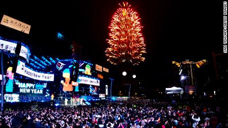 Fireworks are launched from the Taipei 101 commercial building to celebrate the New Year in Taipei.