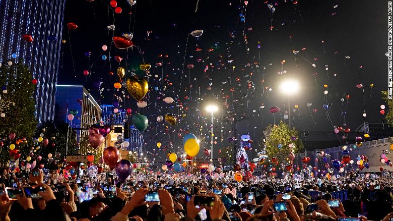 People release balloons into the air to celebrate the new year on January 1st, 2021 in Wuhan, China.