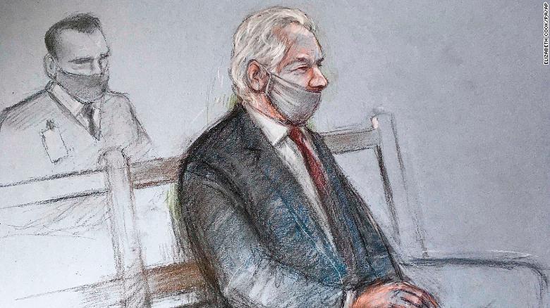 A court sketch of Julian Assange at the Old Bailey in London for the ruling in his extradition case on Monday, January 4, 2021. 