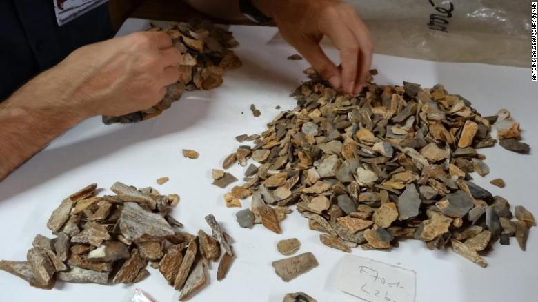 A researcher from the Musée d&#39;Archéologie Nationale in France examines material from excavations of the La Ferrassie Neanderthal site in southwestern France. Thousands of bone remains were sorted and 47 new fossil remains belonging to a Neandertal child  were identified.