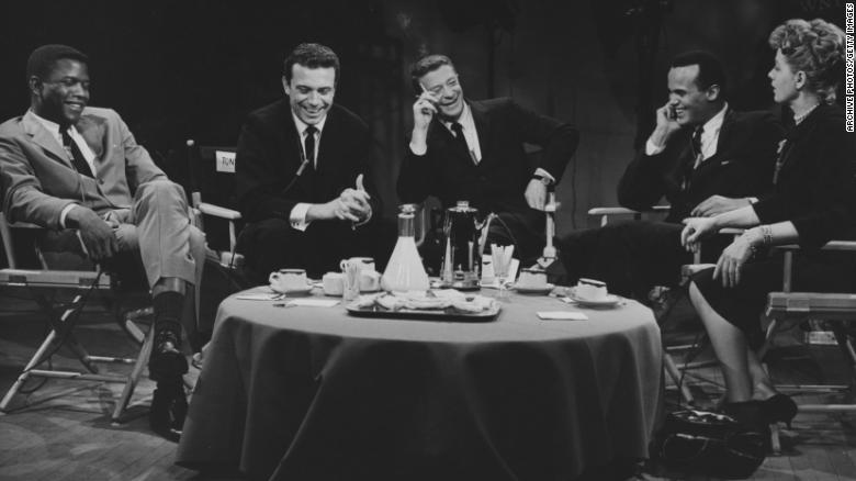Actor Sidney Poitier, left, with actor Tony Franciosa, talk show host David Susskind, singer Harry Belafonte and actress Shelley Winters on the talk show &quot;Open End&quot; in 1960 in New York City.