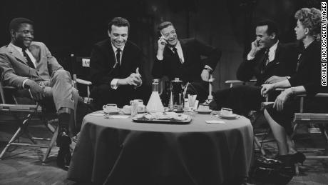 Actor Sidney Poitier, left, with actor Tony Franciosa, talk show host David Susskind, singer Harry Belafonte and actress Shelley Winters on the talk show &quot;Open End&quot; in 1960 in New York City.