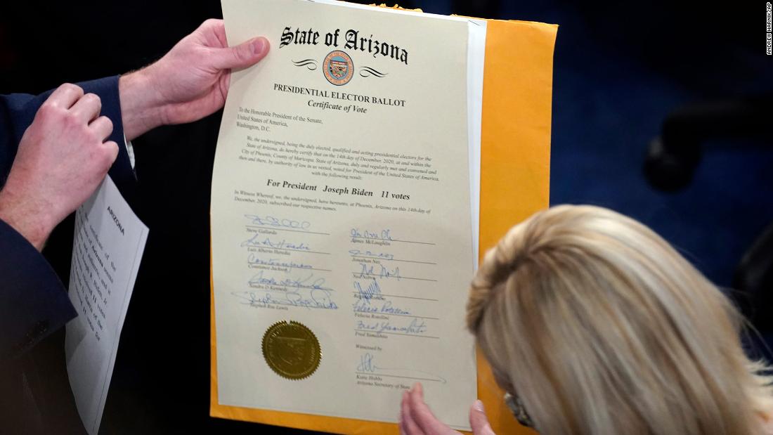 The certification of Arizona&#39;s Electoral College votes is unsealed during the joint session of Congress.