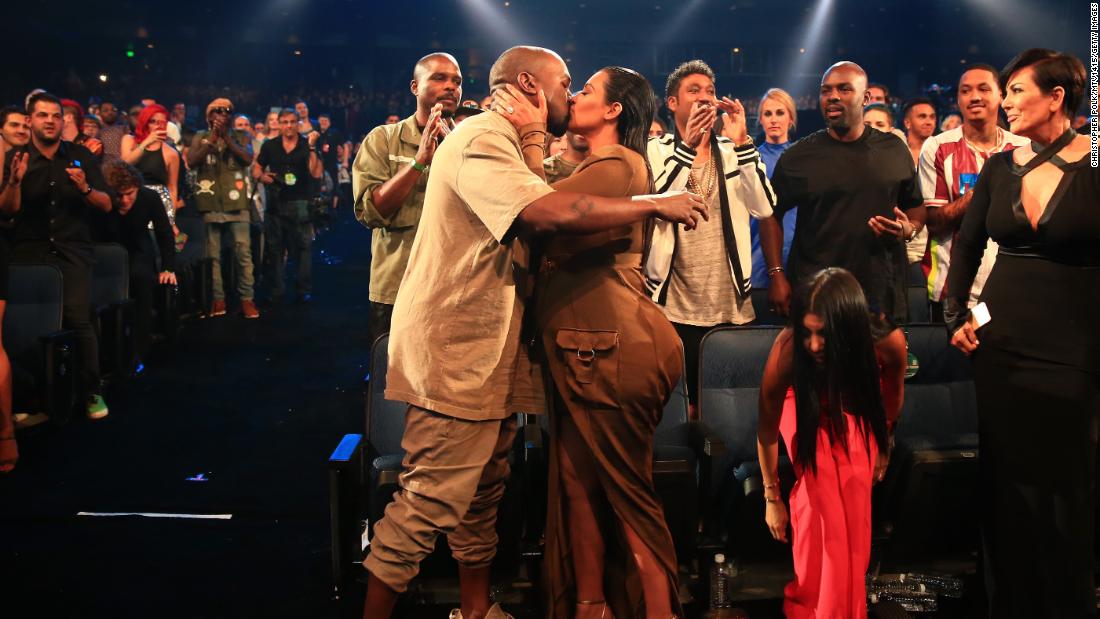 The couple embraces at the MTV Video Music Awards in August 2015.