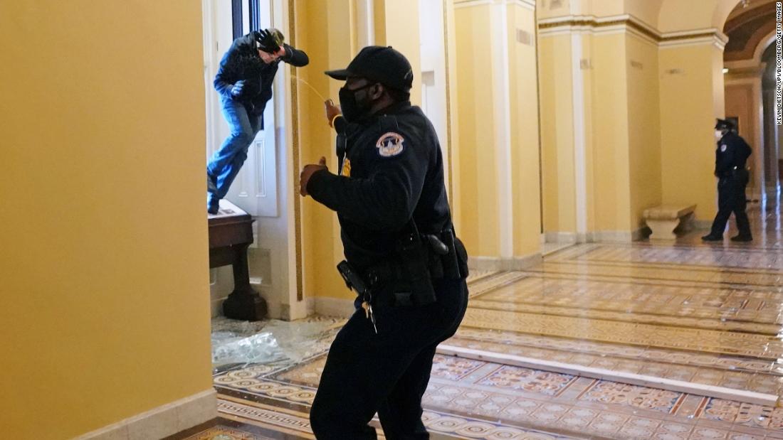 A Capitol Police officer sprays a person who was trying to enter the Capitol.